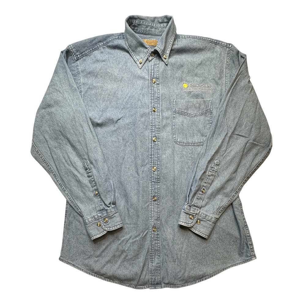 Vintage Edwards MillerCoors Brewery Shirt Mens Medium Blue Denim Long Sleeve Top